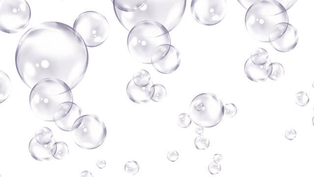 Transparent bubbles, floating spheres, clear orbs, soap bubbles, white background