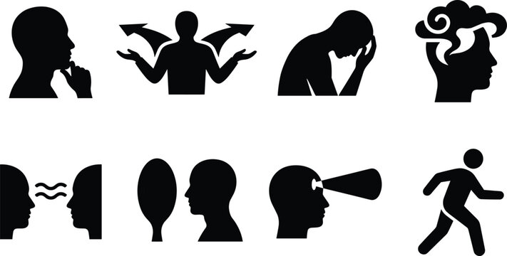 Psychology and mental process silhouette icons showing thinking, decision-making, creativity, and self-reflection concepts
