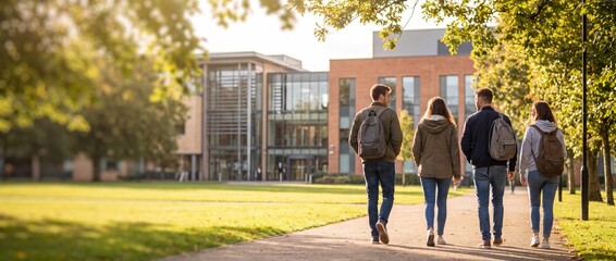 Fototapeta premium Four university students walking along a paved path away from camera on a college campus with modern buildings with buildings trees background