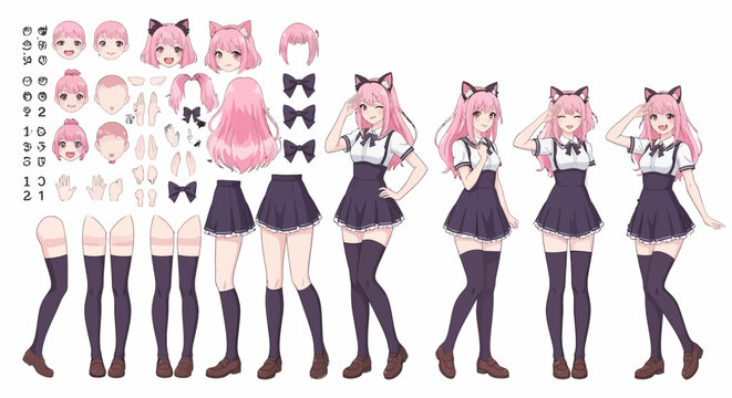 Customizable Anime Girl Character Creator with Various Poses and Expressions for Game Design and Digital Art