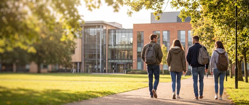 Four university students walking along a paved path away from camera on a college campus with modern buildings with buildings trees background