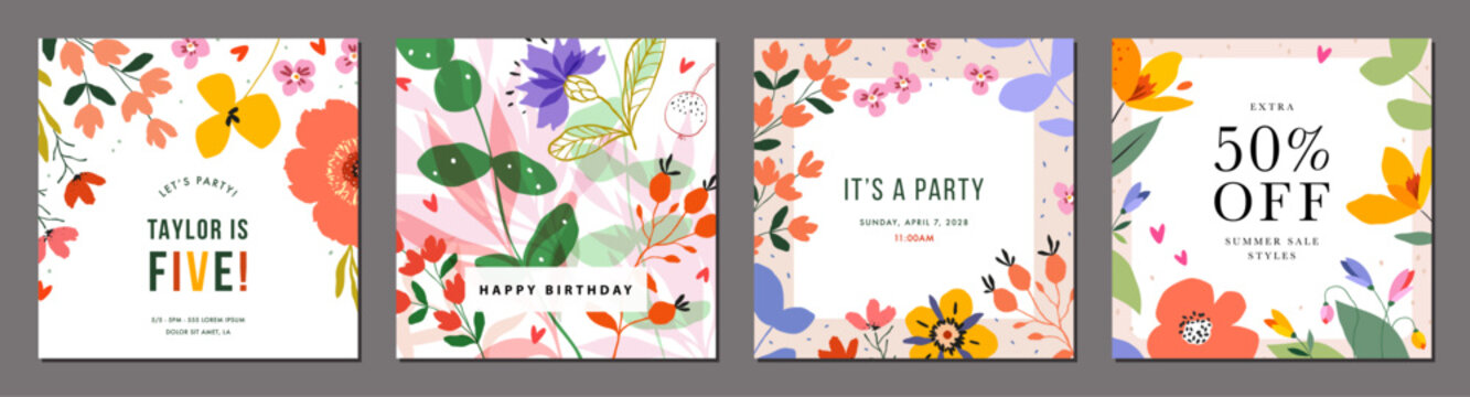 Trendy square greeting cards for spring and summer decor in vibrant colors. Floral art set with decorative flowers, floral frames and backgrounds. For Birthday, Wedding and Baby invitations. 