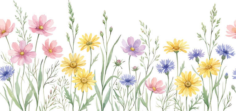 Watercolor wildflower border with cosmos and cornflowers isolated on white background for decorative design and stationery