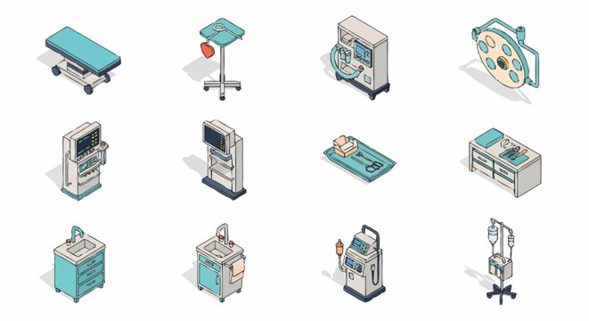 Isometric hospital equipment and medical devices set.