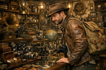 Obraz premium A person admiring vintage cameras on display, potentially sparking nostalgia or inspiration for photography enthusiasts