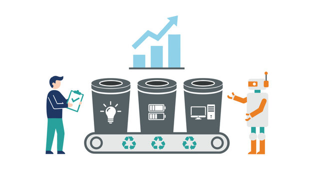 Man with clipboard and robot inspect items on a recycling conveyor belt featuring bins for lightbulbs and electronics below an upward chart.