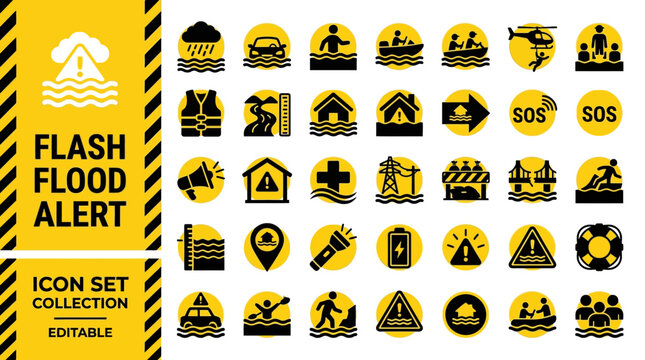 Flash flood alert icons with emergency rescue and safety symbols