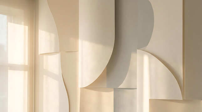 Abstract light and shadow play on curved wall elements with subtle textures