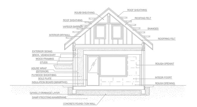 Technical architectural cross section drawing of a residential house construction showing building materials and structure details.