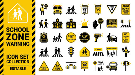 School zone safety icon set with traffic signs and bus symbols © Iconesia Studio
