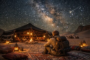 Fototapeta premium A person sitting on a blanket in front of a tent, possibly camping or outdoors