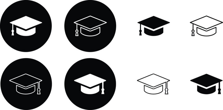 Academic mortarboard graduation cap icons in black circle and plain format featuring traditional scholar hat headgear.
