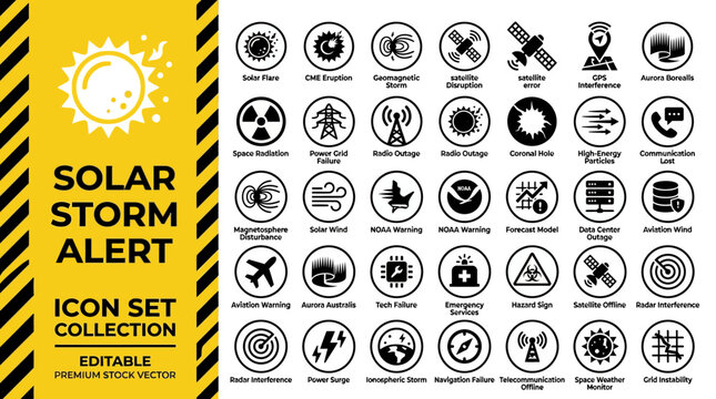 Solar storm alert icons for space weather and infrastructure impact