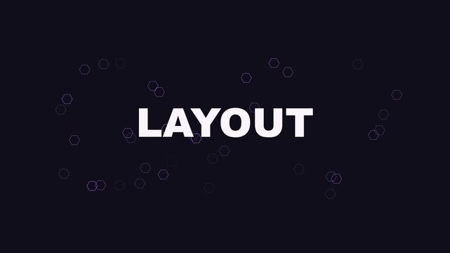 Minimalist layout text animation with floating geometric hexagon particles on dark 4k background, motion typography