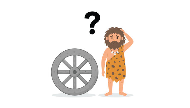 Confused caveman scratching his head while looking at a round wooden wheel with a question mark floating above indicating confusion about tools.