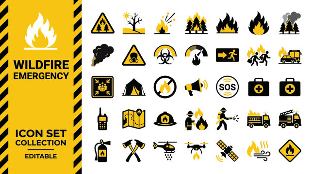 Wildfire emergency and forest fire safety icons set