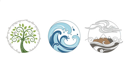 Naklejka premium Decorative set of three circular vector icons featuring a leafy tree, blue ocean waves, and brown mountains symbolizing nature and the elements.