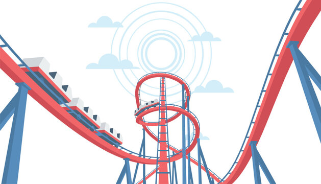 Exciting roller coaster train navigating a complex red metal loop with blue sky and soft white clouds in the background at an amusement park.