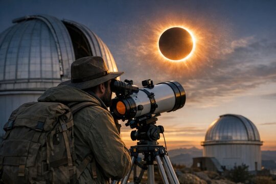 A person looks at the solar eclipse through a telescope, a rare celestial event