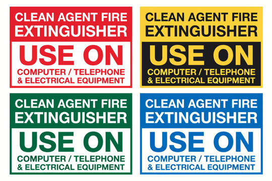 Colorful clean agent fire extinguisher labels for electrical equipment