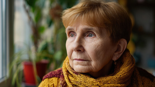Elderly woman with terracotta hair and mineral blue eyes wearing warm aesthetic mustard scarf looking thoughtfully outside