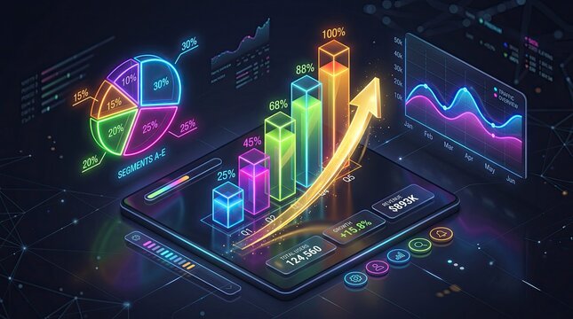 Isometric digital graph on tablet with colorful charts and data visualization