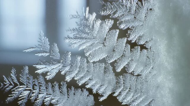 Intricate frost crystals growing across interior window glass with featherlike branches and cool daylight creating delicate winter texture and quiet abstract natural pattern