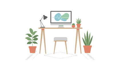 Fototapeta premium Modern home office workspace features a sleek wooden desk with a computer monitor showing a wave graphic, plants, and a small stool.