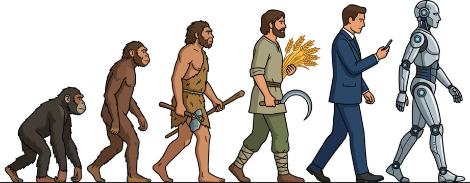 Human evolution and technology progress illustration showing development from ape to robot representing innovation and artificial intelligence artwork
