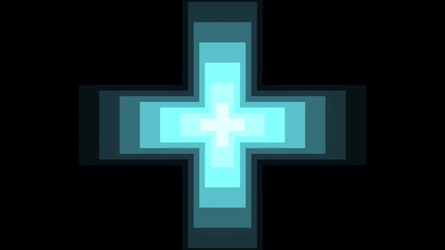 A plus sign formed by layered, glowing blue rectangles creates a luminous symbol of health, positivity, or a digital connection on a dark canvas.