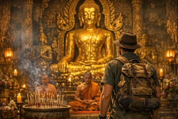 Obraz premium A person stands before a large golden Buddha figure, looking up at it with contemplation