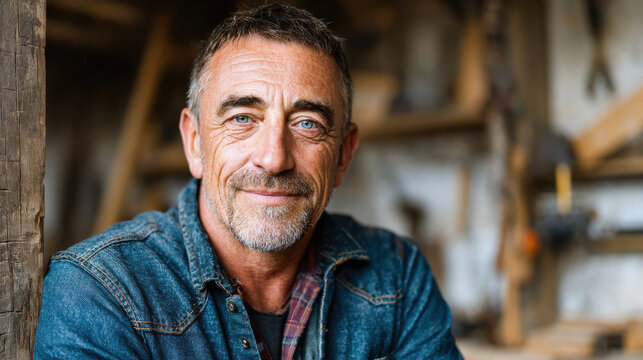 Mature man with blue eyes wearing denim jacket smiles warmly rustic terracotta and mineral toned workshop with aesthetic