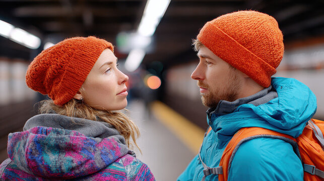 Couple wearing terracotta hats in mineral toned subway station with aesthetic winter clothing and thoughtful expressions