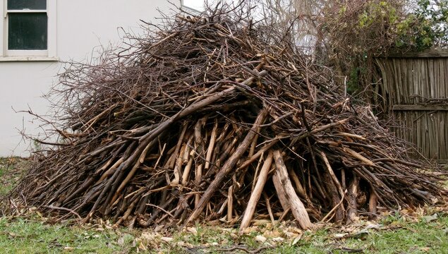 A large, untidy pile of dry, fallen branches and twigs outdoors