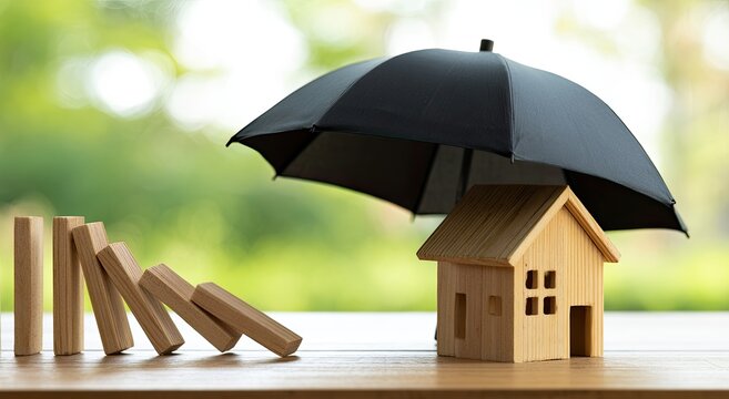 Wooden house protected by black umbrella from falling dominoes