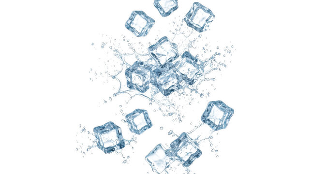 Falling ice cubes with water splashes isolated on transparent background