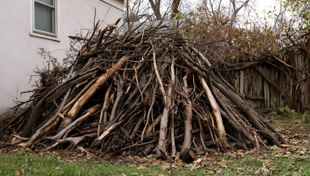 Large conical pile of dry, weathered branches and sticks outdoors