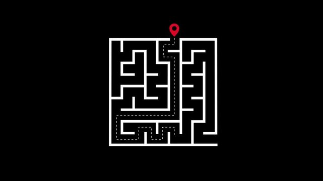 maze animation, maze game, maze route with a dashed line, finding the exit via a winding path, black background, 4K video