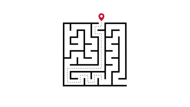 Maze path animation, a route traversing a maze, featuring a dashed line and location pin, transparent background, 4K video.