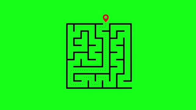 An animation featuring two location points&mdash;one at the entrance of a maze and the other at the exit&mdash;connected by a dashed line indicating the path to the exit. Alpha channel, green background, 4K video