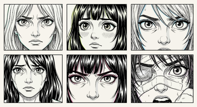 Manga female characters with expressive emotional faces, collection of dramatic comic style expressions concept
