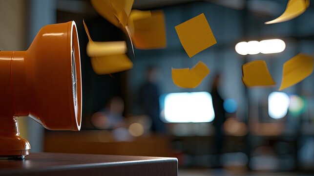 Loud orange speaker blasting yellow sticky notes into a busy office