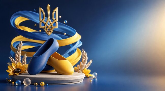 Artistic piece showcasing Ukraine's national elements with ribbons and flowers