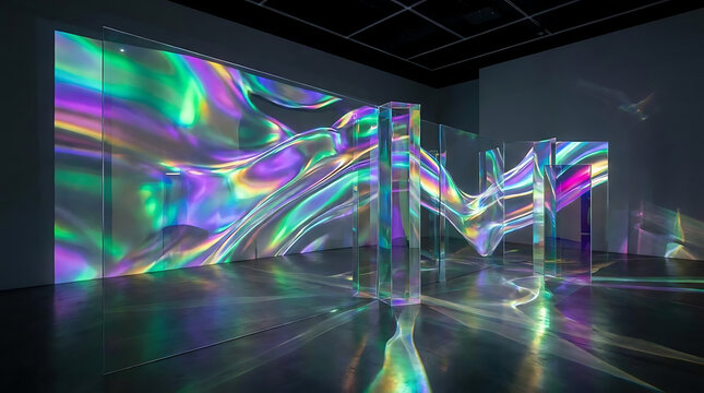 Abstract light art installation with colorful reflections on glass and floor