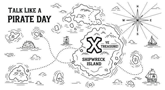 Pirate Treasure Map with Islands Ships and Compass Rose illustration 
