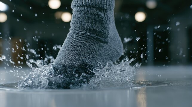 A gray socked foot stomps down, creating a dynamic splash of water