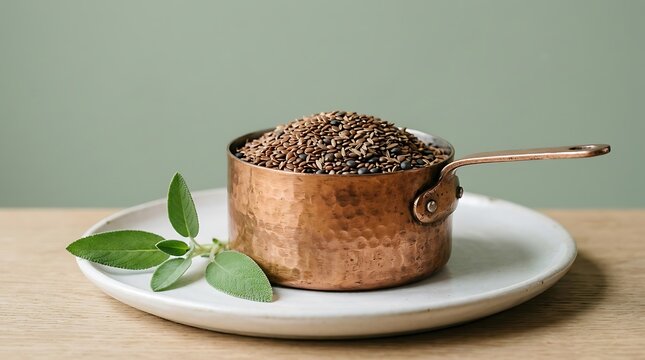 Copper saucepan filled with chia seeds next to fresh green herbs on plate