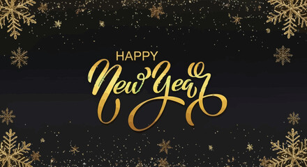 Happy New Year golden typography on a dark background with snowflakes and sparkles, a festive greeting for the new year celebration © Simon