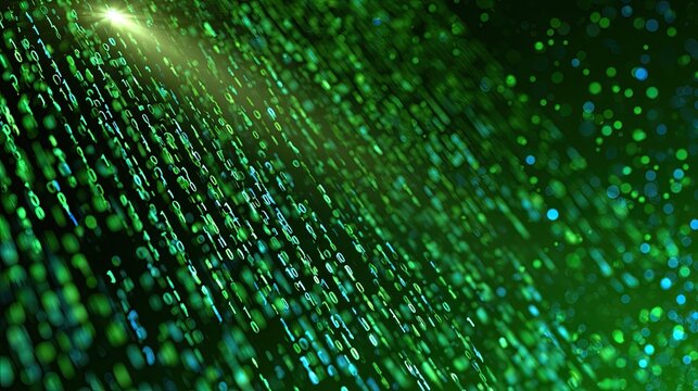 Abstract digital rain of green and blue binary code cascades down