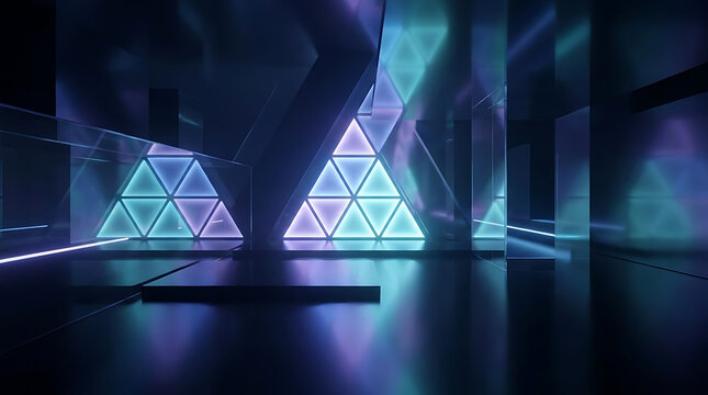 Futuristic glowing triangular architecture with blue and purple lighting and reflections